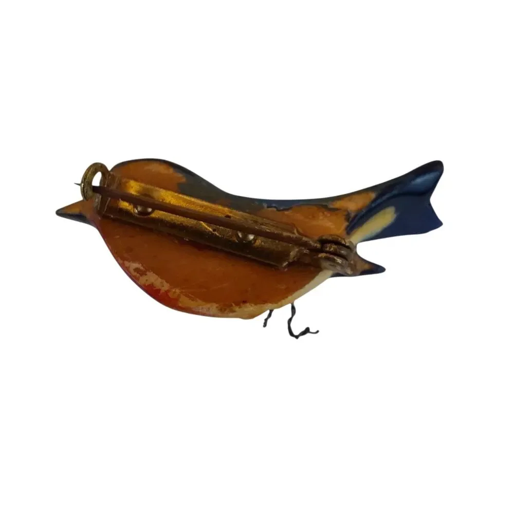 Wood Hand Painted Blue Bird Pin Brooch 1.75 ” Takahashi Style Vtg Unmarked